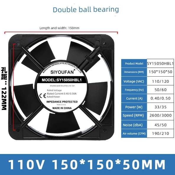 150x150x50mm Çift Rulmanlı 110V Soğutma Fanı
