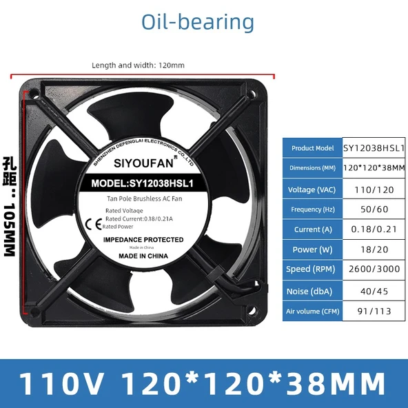 120x120x38mm Yağlı 110V Soğutma Fanı