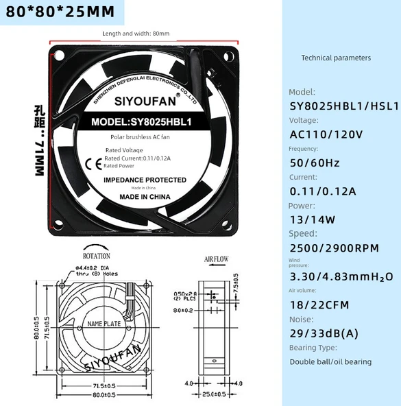 172x150x51mm Çift Rulmanlı 110V Soğutma Fanı - 8