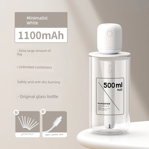 Taşınabilir USB Nemlendirici Aroma Difüzör - Beyaz - 1100mAh - 500ml Cam Şişe - 8 Pamuk Çubuğu