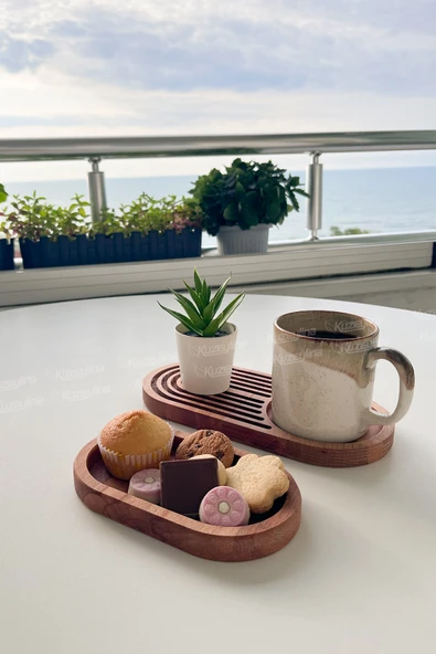Doğal Ahşap Kahve Sunumluğu – Gökkuşağı Desenli Servislik | Kayın Ağacı 24x15 cm - 5