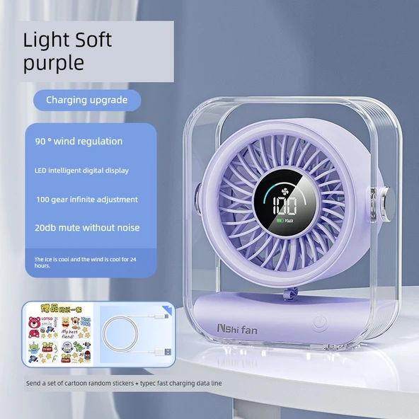 USB Şarjlı Masa Fanı - Geliştirilmiş - Açık Yumuşak Mor - 100 Soğuk Hava - LED Dijital Ekran - Sessiz Çalışma - 24 Saat Soğuk Hava
