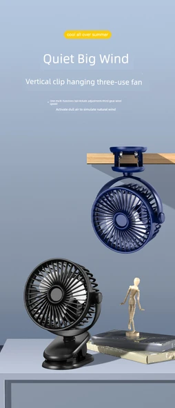 USB Şarjlı Taşınabilir Klip Fan - Mavi - 10000mA Şarjlı - 7