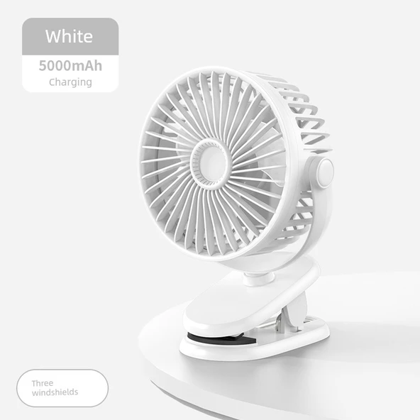 USB Şarjlı Taşınabilir Klip Fan - Beyaz - 5000mA Şarjlı
