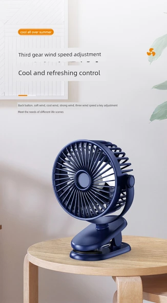USB Şarjlı Taşınabilir Klip Fan - Siyah - 5000mA Şarjlı - 12