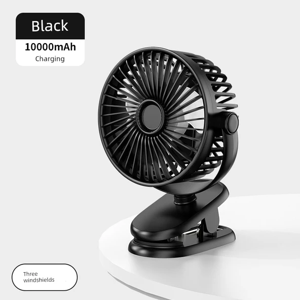 USB Şarjlı Taşınabilir Klip Fan - Siyah - 10000mA Şarjlı