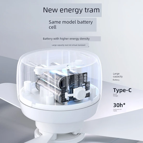 USB Şarjlı Tavan Fanı - Buz Beyaz - Uzaktan Kumandalı - Gece Lambası - 3600mAh - 3