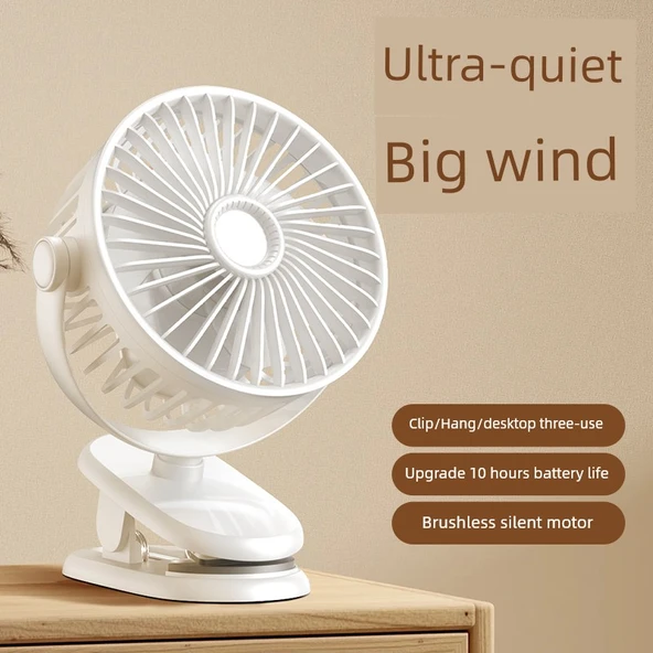 USB Şarjlı Taşınabilir Klip Fan - Beyaz - USB Tak - İki Hızlı - 3