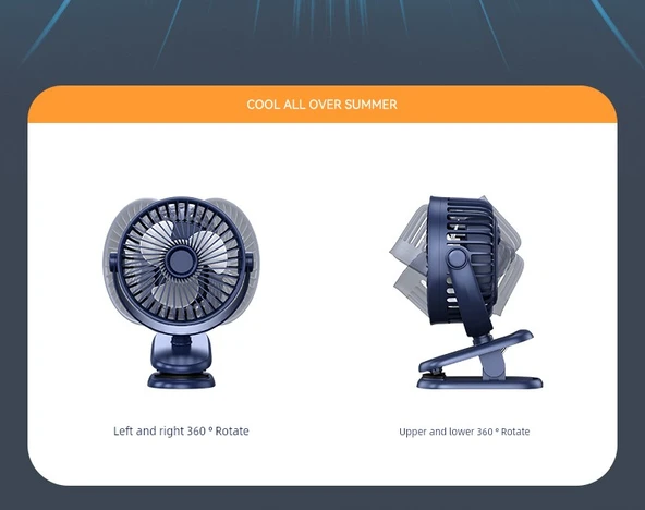 USB Şarjlı Taşınabilir Klip Fan - Siyah - USB Tak - İki Hızlı - 11