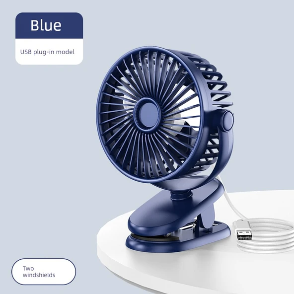 USB Şarjlı Taşınabilir Klip Fan - Mavi - USB Tak - İki Hızlı