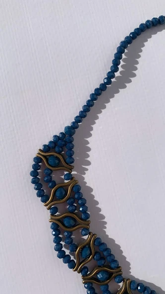 Mavi Kristal Taşlı Antik Sarı Aksesuarlı Ve Antik Sarı Süslemeli Boncuk Kolye Hediyelik - 4