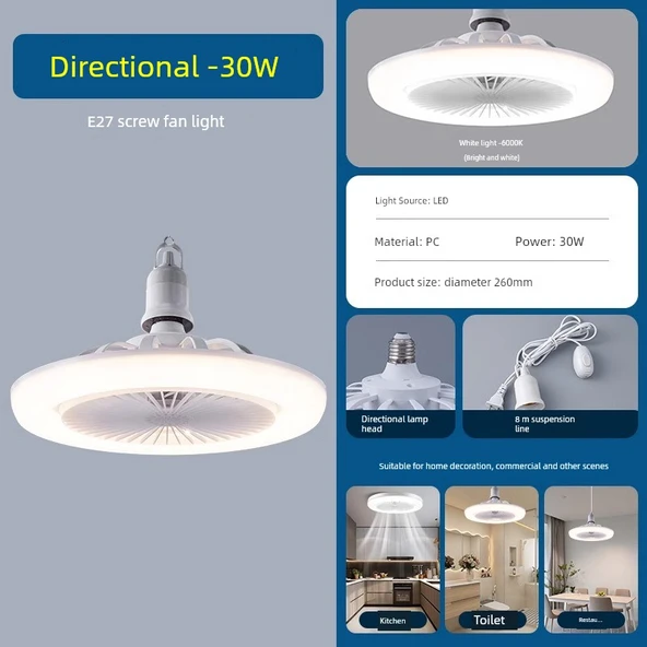 E27 LED Tavan Fanı Işık - Beyaz Işık - 8m Kablo ve Anahtar