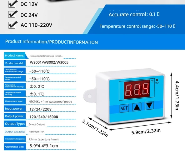 Mikro Bilgisayar Dijital Sıcaklık Kontrol Cihazı - W3001 110-220V 1500W Trafo Versiyonu - 7