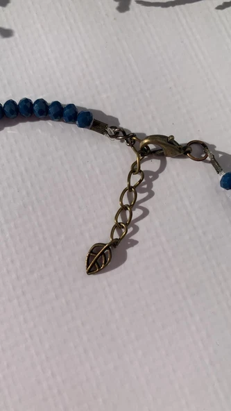 Mavi Kristal Taşlı Antik Sarı Aksesuarlı Ve Antik Sarı Süslemeli Boncuk Kolye Hediyelik - 3