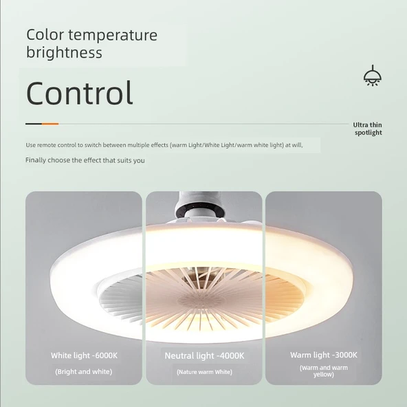 E27 LED Tavan Fanı Işık - Üç Renk Dimmer - Uzaktan Kumanda - 3 Hız - 3m Kablo ve Anahtar (Model 2) - 3