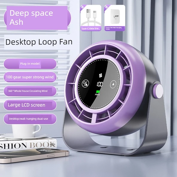 USB Mini Taşınabilir Masa Fanı - Uzay Gri - Takılabilir LCD Ekran