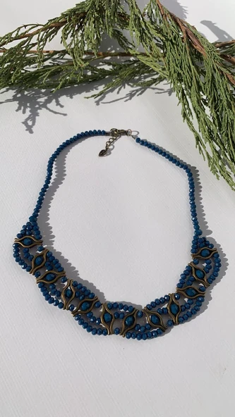 Mavi Kristal Taşlı Antik Sarı Aksesuarlı Ve Antik Sarı Süslemeli Boncuk Kolye Hediyelik - 6