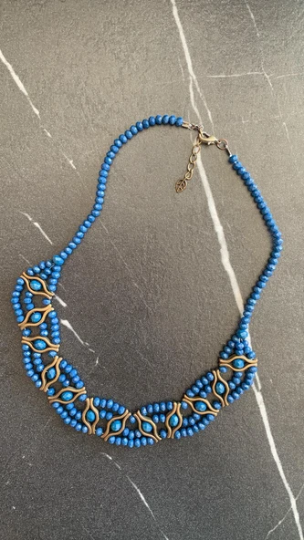 Mavi Kristal Taşlı Antik Sarı Aksesuarlı Ve Antik Sarı Süslemeli Boncuk Kolye Hediyelik - 5