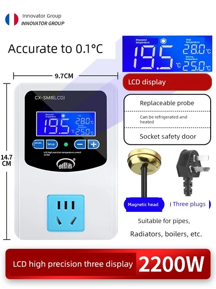 Dijital Sıcaklık Kontrol Prizi - Sıvı Kristal Süper Şeffaf Mıknatıslı Başlık 2200W