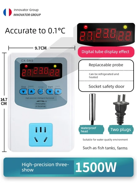 Dijital Sıcaklık Kontrol Prizi - Yüksek Hassasiyet Üç Ekran Su Geçirmez Başlık 1500W