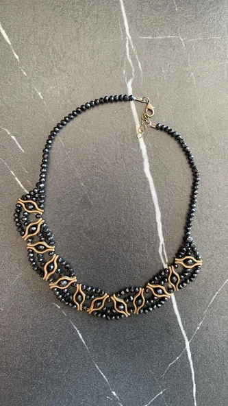 Parlak Antrasit Kristal Taşlı Antik Sarı Aksesuarlı Ve Antik Sarı Süslemeli Boncuk Kolye Hediyelik - 6