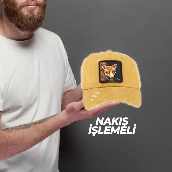 Perlotus Hayvan Desen Fox Tilki Tema Eskitme Pamuklu Şapka - 11