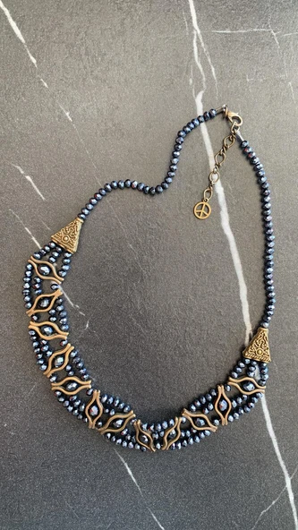 Parlak Antrasit Kristal Taşlı Antik Sarı Aksesuarlı Ve Antik Sarı Süslemeli Boncuk Kolye Hediyelik - 5