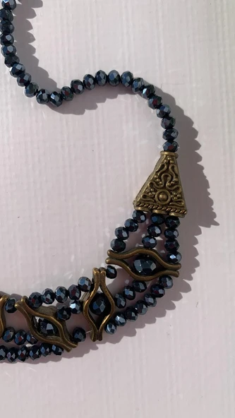 Parlak Antrasit Kristal Taşlı Antik Sarı Aksesuarlı Ve Antik Sarı Süslemeli Boncuk Kolye Hediyelik - 7