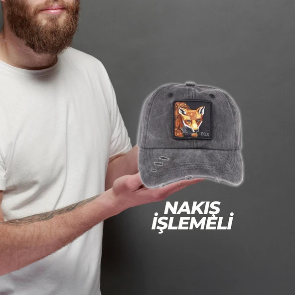 Perlotus Hayvan Desen Fox Tilki Tema Eskitme Pamuklu Şapka - 2