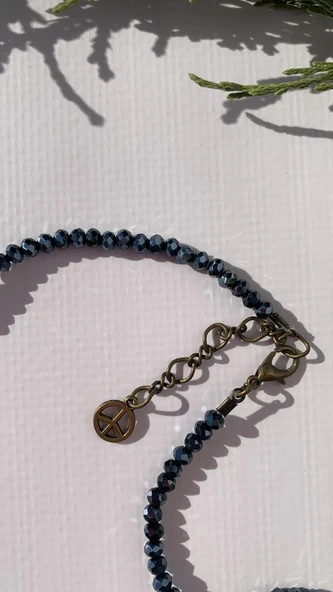 Parlak Antrasit Kristal Taşlı Antik Sarı Aksesuarlı Ve Antik Sarı Süslemeli Boncuk Kolye Hediyelik - 3