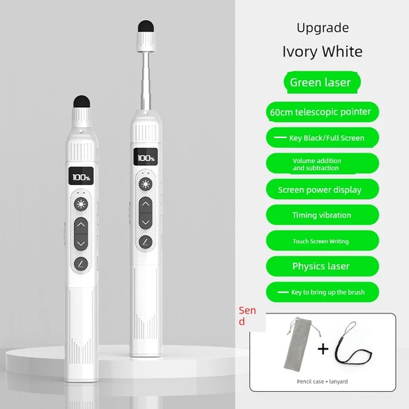 Geri Çekilebilir Lazer Pointer - Yeşil Işık - Fildişi Beyaz - 60cm Dijital Ekran - Geri Sayım - Titreşim Hatırlatıcısı - Tek Tuşla Etiketleme - Ayarlanabilir Lazer