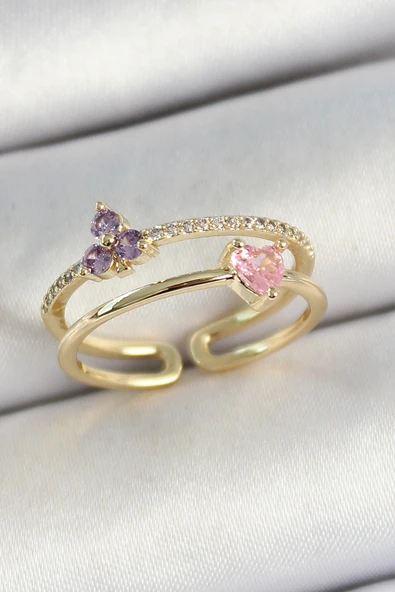 Pirinç Kalp Ve Çiçek Figürlü Zirkon Taşlı Gold Renk Ayarlanabilir Kadın Yüzük - TJ-BYK3774