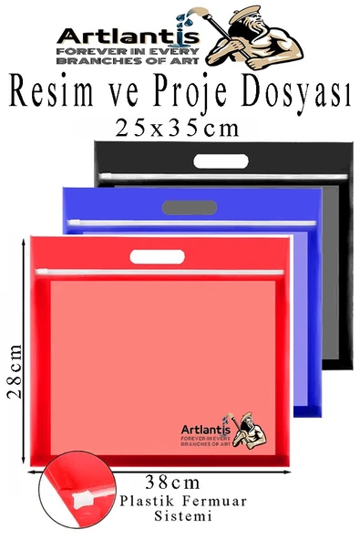 Renkli Plastik Fermuarlı Proje Dosyası 25x35 cm 3 Adet Tutmaçlı 28x38 cm Resim ve Proje Ödev Dosyası El Tutmalı