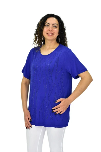 Kadın Viskon Taşlı Kısa Kol Bluz BGL-ST04679 - 5