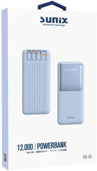 Sunix 12000 Mah Dijital Göstergeli Dahili Çoklu Kablolu Taşınabilir Powerbank Mavi PB-49 - 2