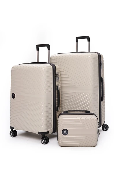 Elatae Exclusive Pro Polipropilen Kırılmaz 3'lü Valiz Seti Büyük - Orta Boy ve Makyaj Çantası Bej - Antrasit 5239 ürün görseli