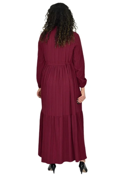 Kadın Uzun Kol Lastikli Kabartma Çizgili Elbise BGL-ST04676 - Resim 9