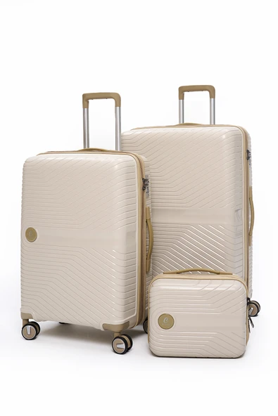 Elatae Exclusive Pro Polipropilen Kırılmaz 3'lü Valiz Seti Büyük - Orta Boy ve Makyaj Çantası Bej - Vizon 5239 ürün görseli