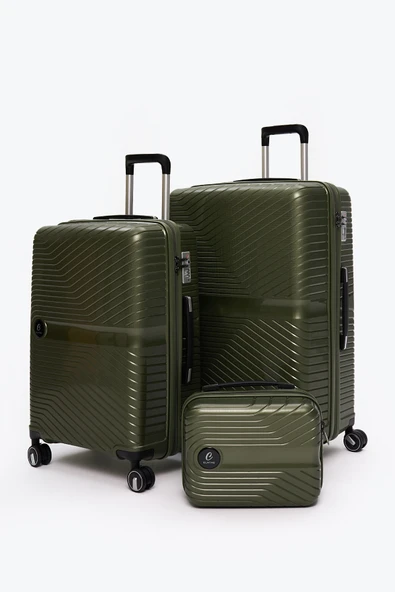 Elatae Exclusive Pro Polipropilen Kırılmaz 3'lü Valiz Seti Büyük - Orta Boy ve Makyaj Çantası Haki 5239 ürün görseli