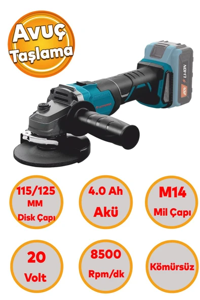 Cat Power Catpower 4232 Avuç Taşlama Elektrikli Kömürsüz Li-ion 20 Volt Akü 4.0 Ah Batarya M14 115 mm 125 mm