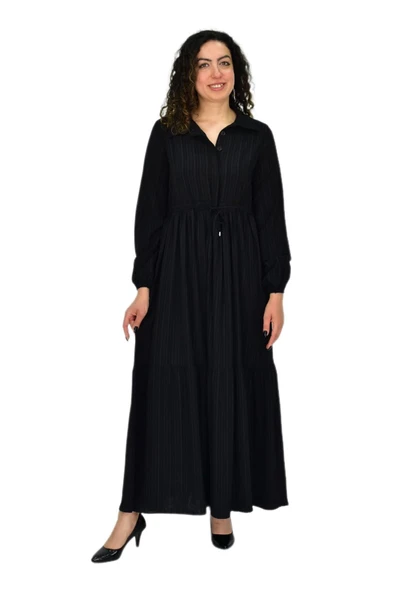 Kadın Uzun Kol Lastikli Kabartma Çizgili Elbise BGL-ST04676 - Resim 17