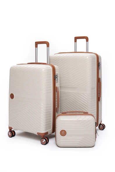 Elatae Exclusive Pro Polipropilen Kırılmaz 3'lü Valiz Seti Büyük - Orta Boy ve Makyaj Çantası Bej - Camel 5239 ürün görseli