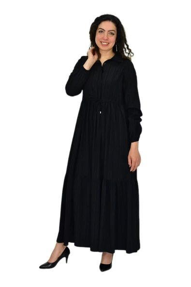 Kadın Uzun Kol Lastikli Kabartma Çizgili Elbise BGL-ST04676 - Resim 10