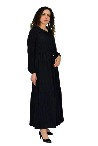 Kadın Uzun Kol Lastikli Kabartma Çizgili Elbise BGL-ST04676 - Resim 4