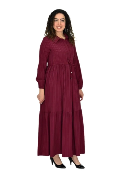 Kadın Uzun Kol Lastikli Kabartma Çizgili Elbise BGL-ST04676 - Resim 7