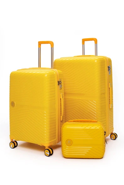 Elatae Exclusive Pro Polipropilen Kırılmaz 3'lü Valiz Seti Büyük - Orta Boy ve Makyaj Çantası Sarı 5239 ürün görseli