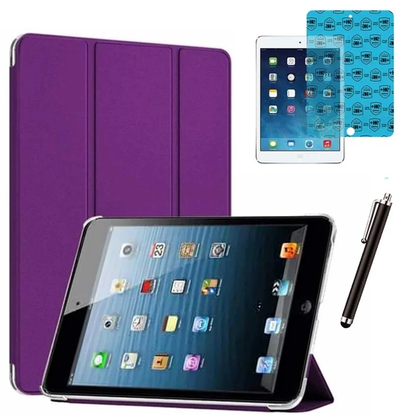 Apple iPad Mini 2 / Mini 3 Uyumlu Smart Cover Tablet Kılıfı Ekran Koruyucu Kalem Set Mor ürün görseli 1