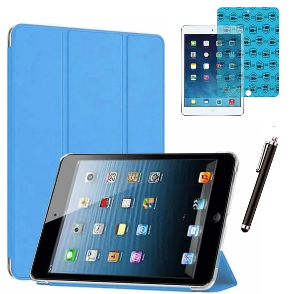 Apple iPad Mini 2 / Mini 3 Uyumlu Smart Cover Tablet Kılıfı Ekran Koruyucu Kalem Set Turkuaz