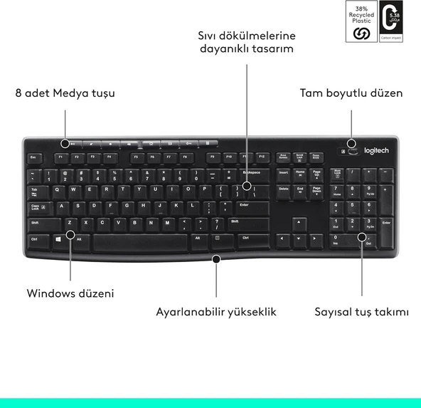 Logitech K270 Kablosuz Klavye, Tuş Takımı, Sıvı Dökülmesine Dayanıklı, 10 m Kullanım Mesafesi, Türkçe Q Klavye, Siyah - 4