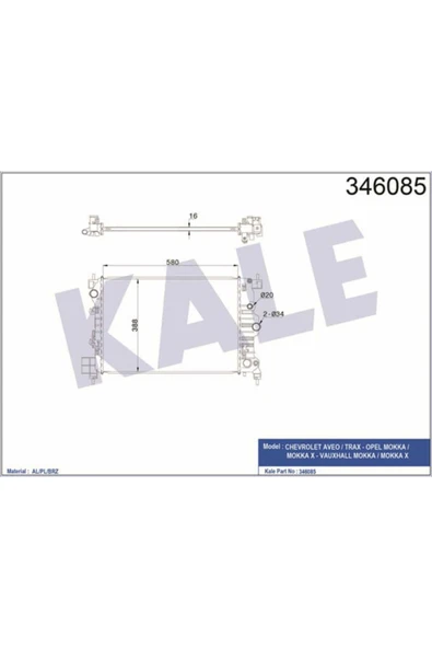 Kale 346085  Su Radyatörü Mokka 13- 1.6 16V 1.8 16V Mt Aveo T300 11- 1.6 16V Mt Trax 13- Mt ürün görseli 1